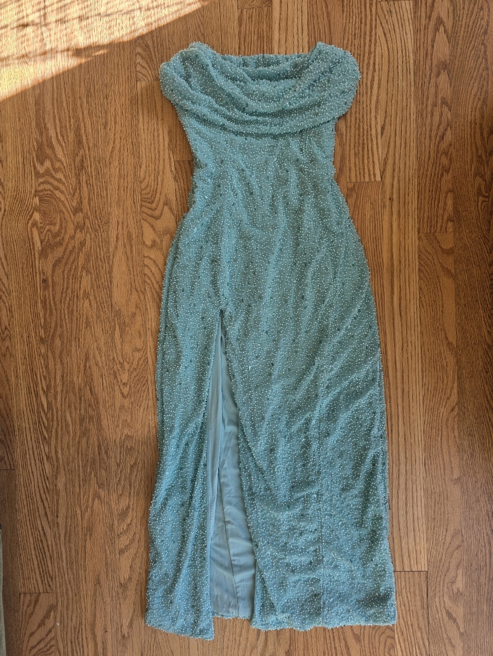 Oh Polly Seafoam Green Beaded Strapless Gown